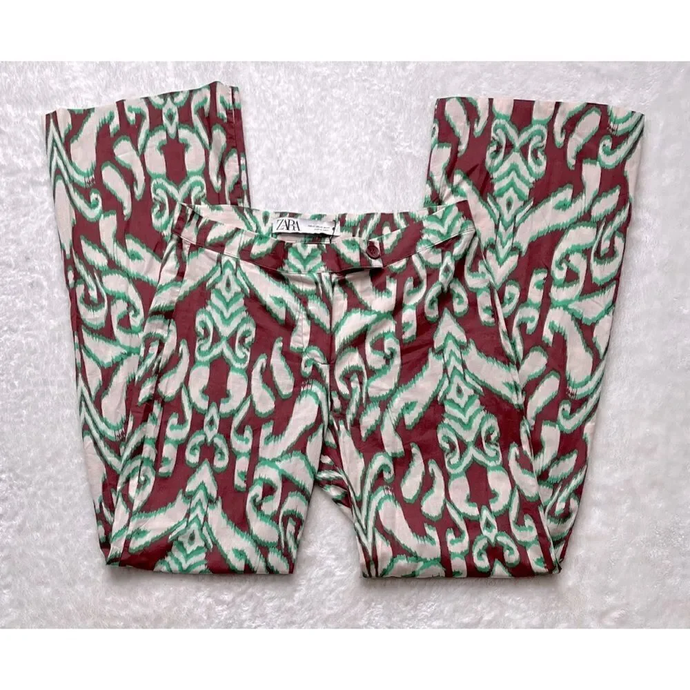 NWT Zara Printed Mid Rise Straight Leg 100% Cotton Pants, Size XS